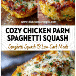 Golden Baked Chicken Parm Spaghetti Squash with melted cheese, herbs, and roasted winter squash.
